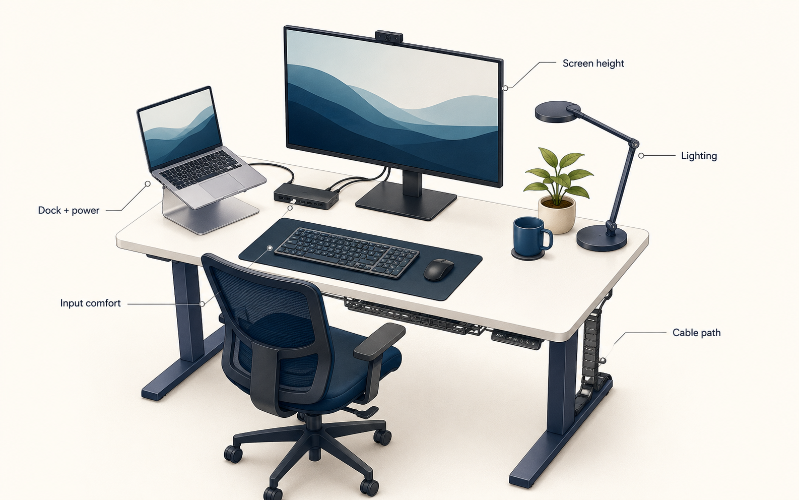Illustrated home-office desk setup with callouts for screen height, dock and power, input comfort, lighting, and cable path